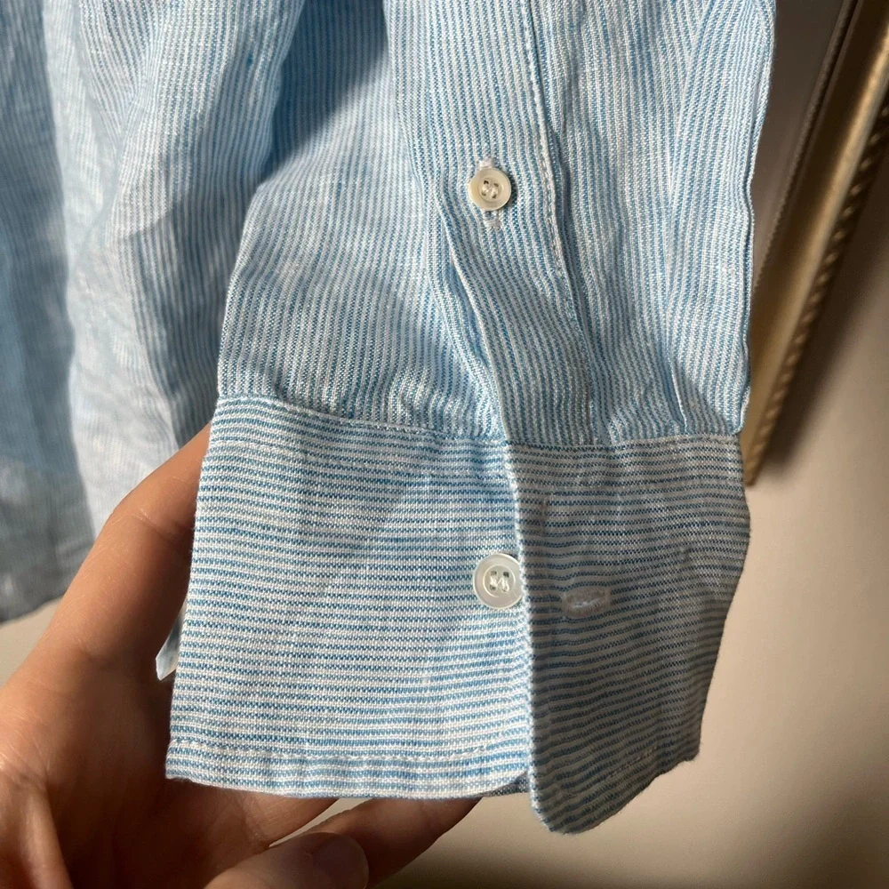 J. McLaughlin 100% Linen Quarter Button Up Blouse Top Blue Large - Picture 4 of 11